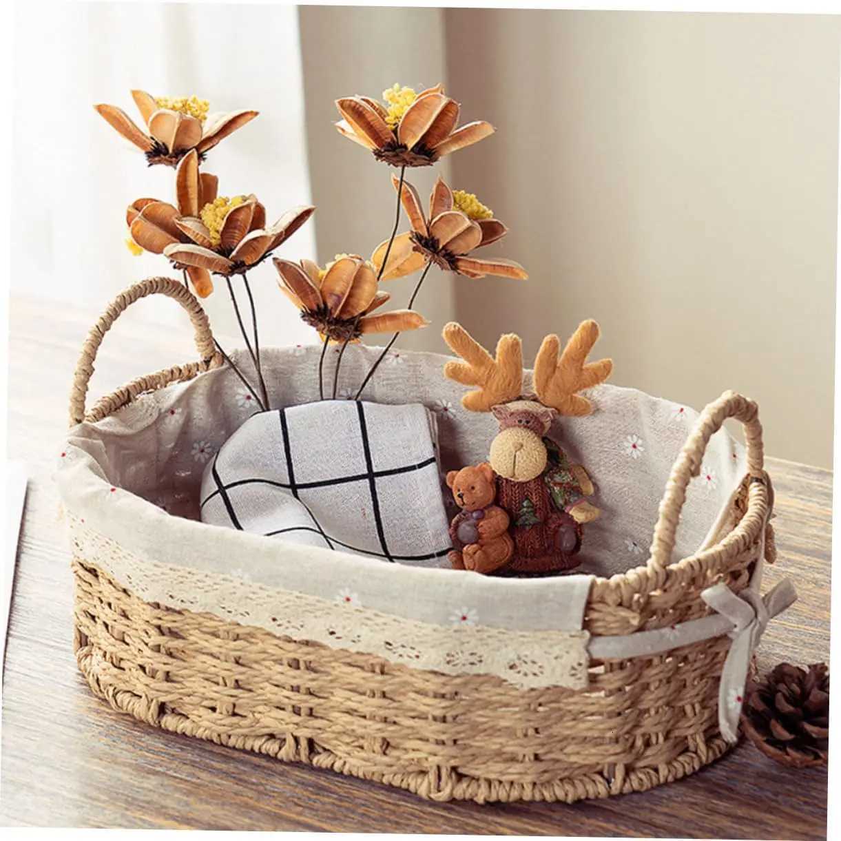 er Storage Baskets for Shelves Organizing Decorative Natural Paper Rope Woven Serving Baskets Trays with Handle Liner Y251112