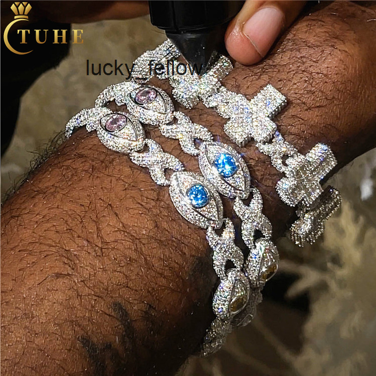 Pass Diamond Tester 11mm Moissanite Evil Eye Infinity Cuban Link Bracelet 925 Silver VVS Mossanite Iced Out Cross Cuban Bracelet