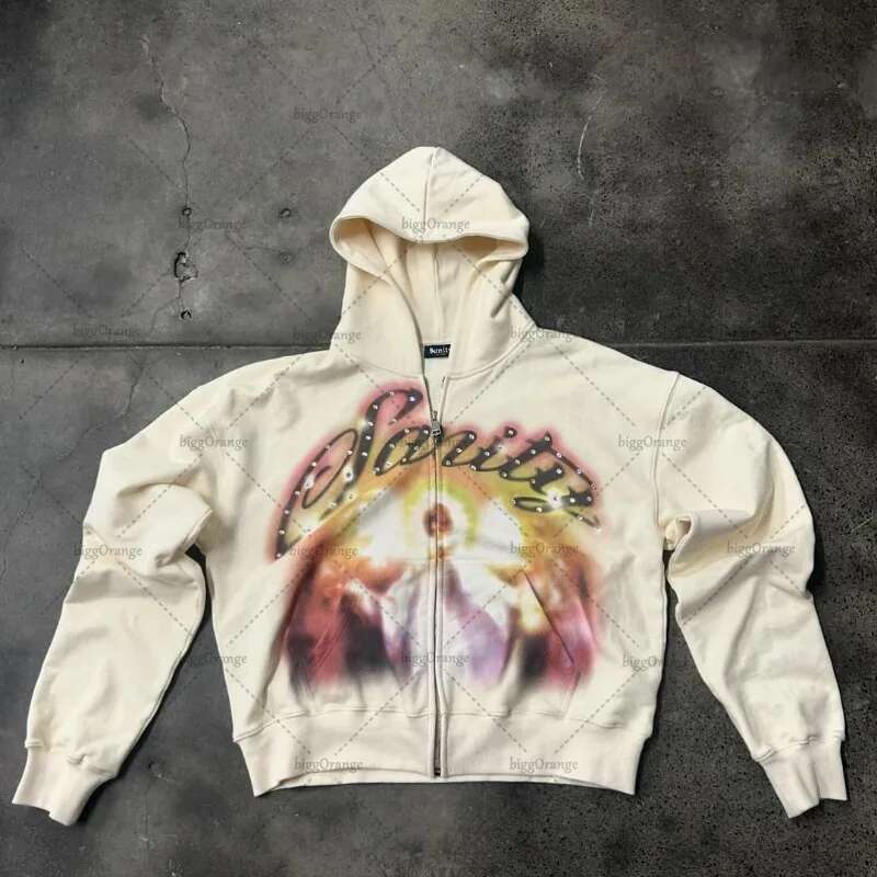 European and American Retro Zipper Hoodie Men Y2k Letter Graffiti Print Oversized Sweatshirt Haruku Versatile Jacket Women