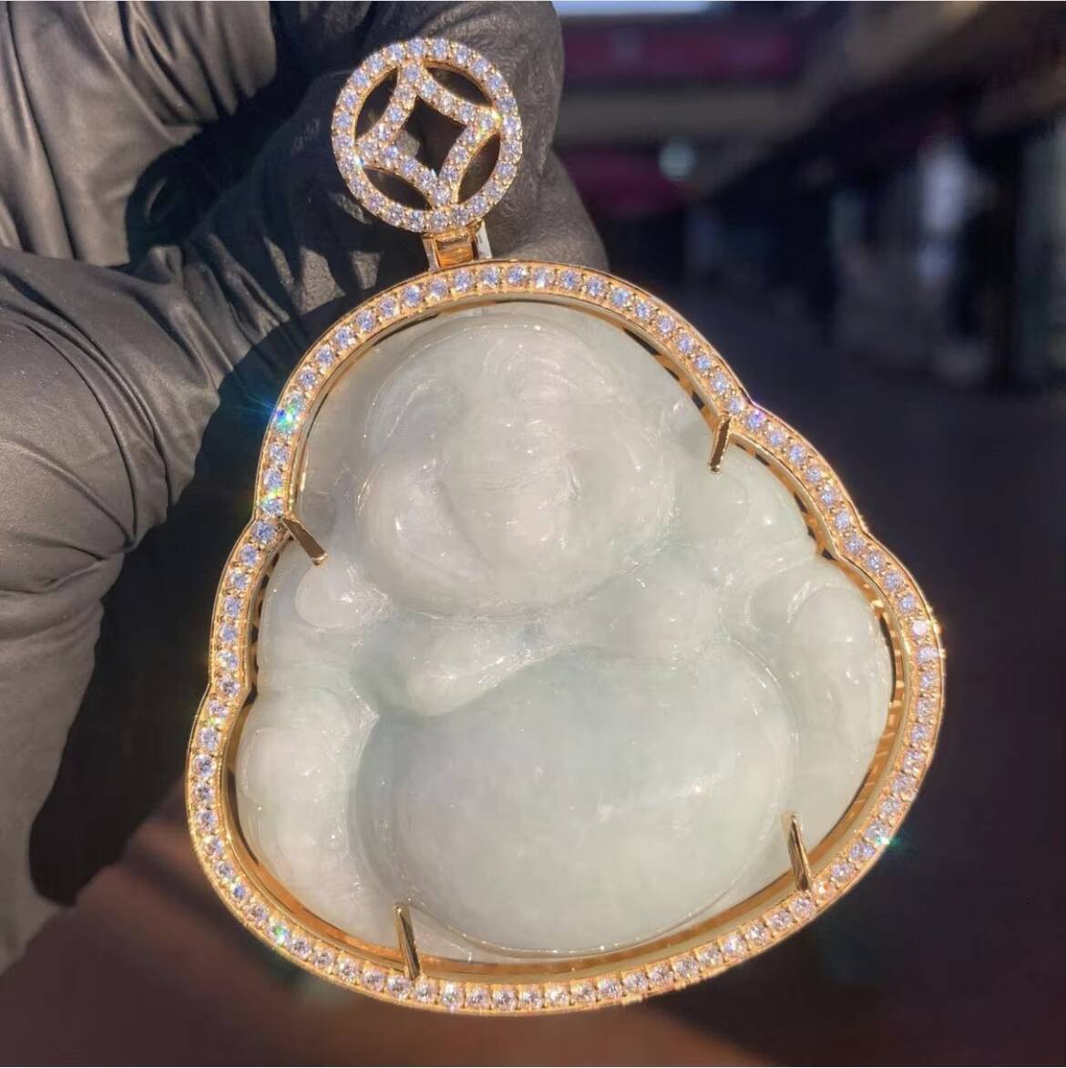 Customized 925 Silver Nature Jade Buddha Statue Pendant 18k Yellow Gold Plated Black White Green With Lab CVD Diamond