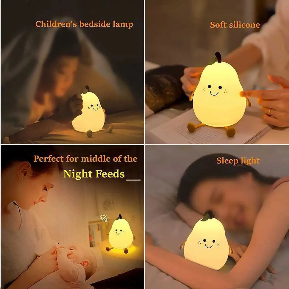 Childrens night light pear shaped cute silicone night light 7-color dimmable night light USB charging bedroom 250411