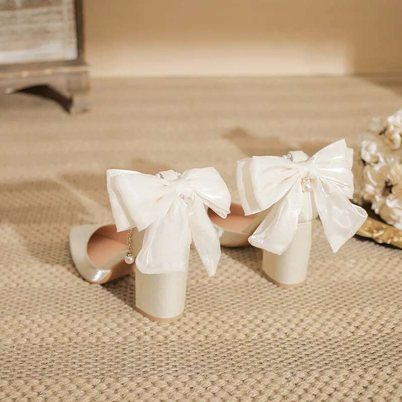 Slimming Shoes Casual Heels Shallow Mouth Sandals Ladies Pointed Pumps Hollow 2025 All-Match Comfortable Beige African Bow Toe S
