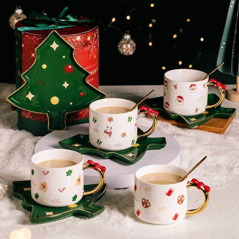 Christmas Style Ceramic Coffee Cup and Saucer Creative Cute Christmas Trees Saucer Christmas Elements Coffee Cup gift box H251112
