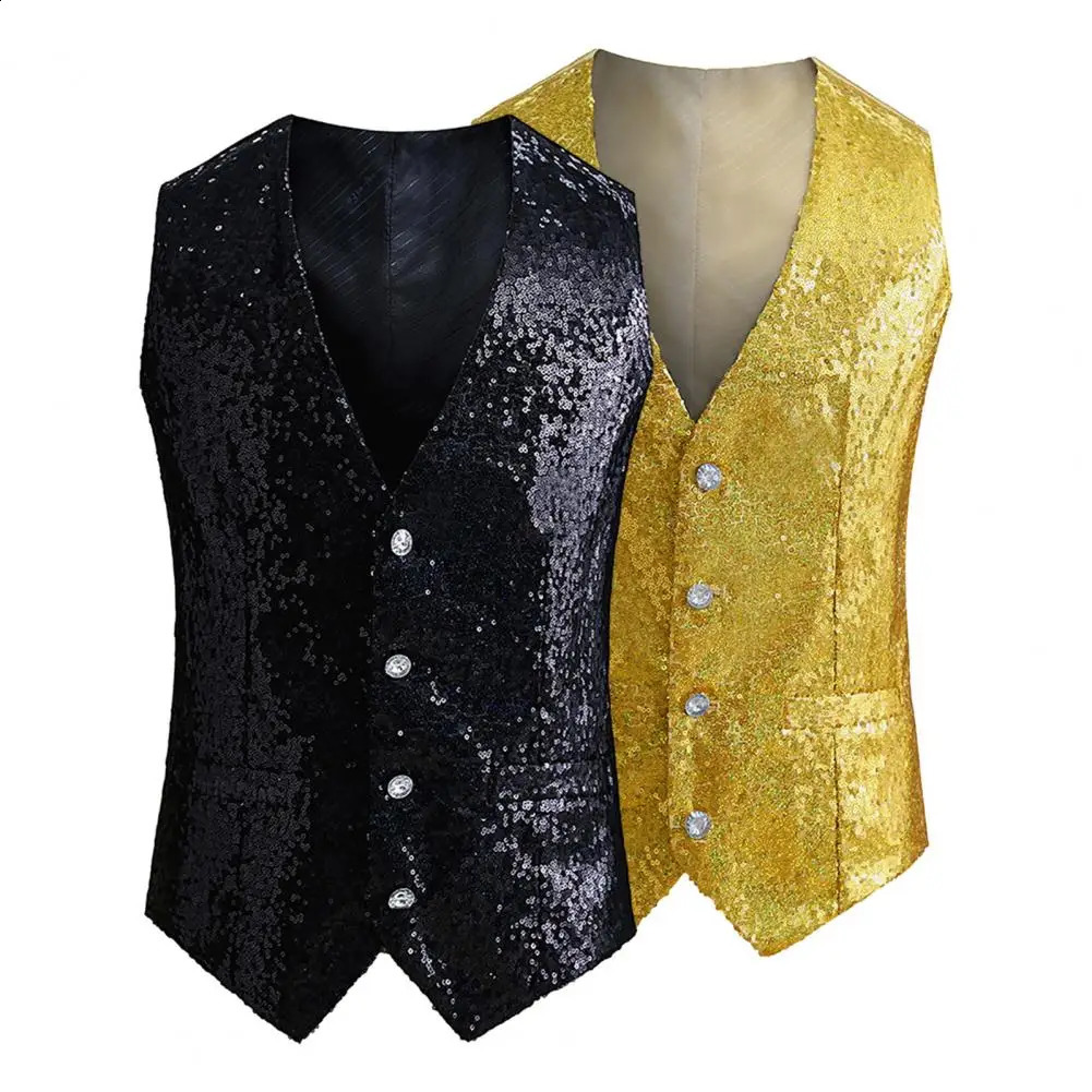 Mens Suit Vests Sequined Tank Top Suit Business Evening Wedding Party Blazer Button Waistcoat Shiny Gold Sequin Vest Jacket 250407