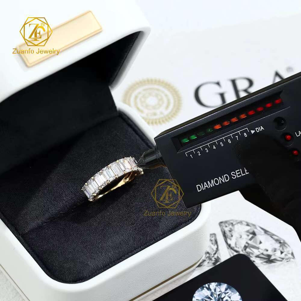 Elegant Style Solid 18K Real Gold Half Eternity Band D/VVS Emerald Cut Moissanite Wedding Band Ring