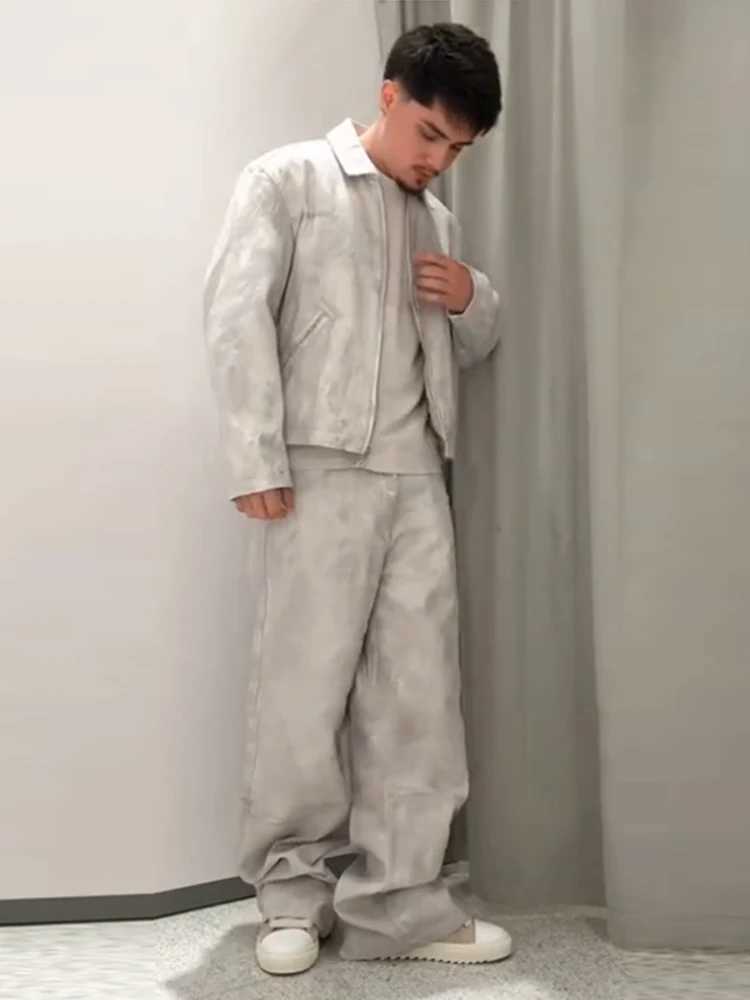 Retro printed jacket and pants set for mens casual long sleeved zipper jacket with straight matching pants two-piece set spring cargo track set W25041