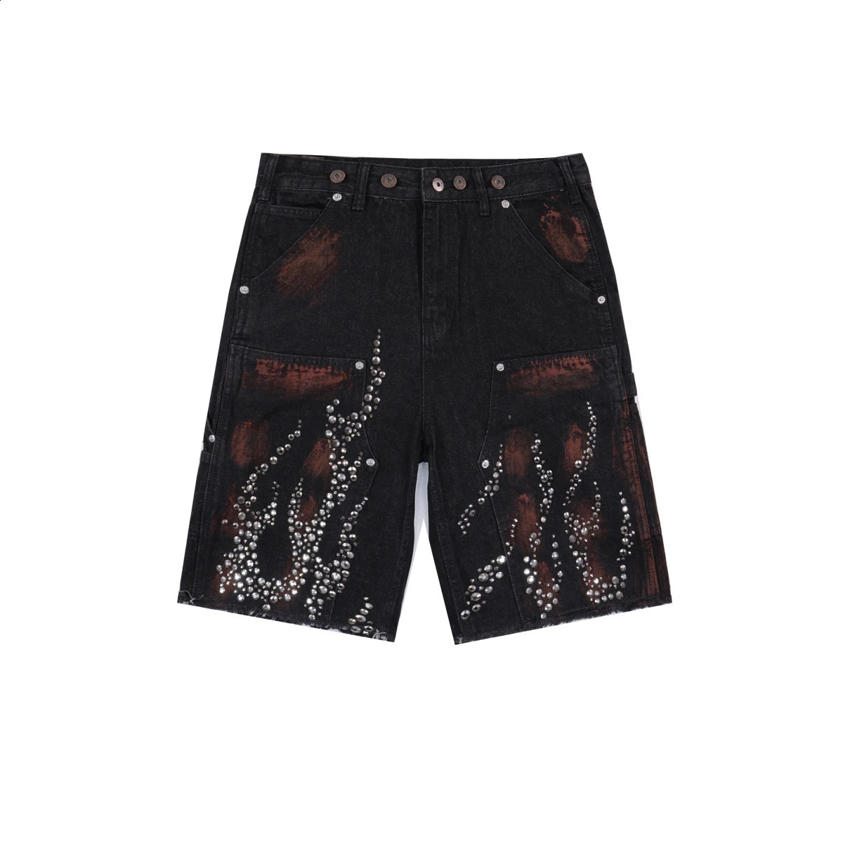 High Street Rhinestone Painted Baggy Jeans Shorts for Men Pockets Wide Leg Blue Black Loose Five Point Denim Pants Oversized 250411