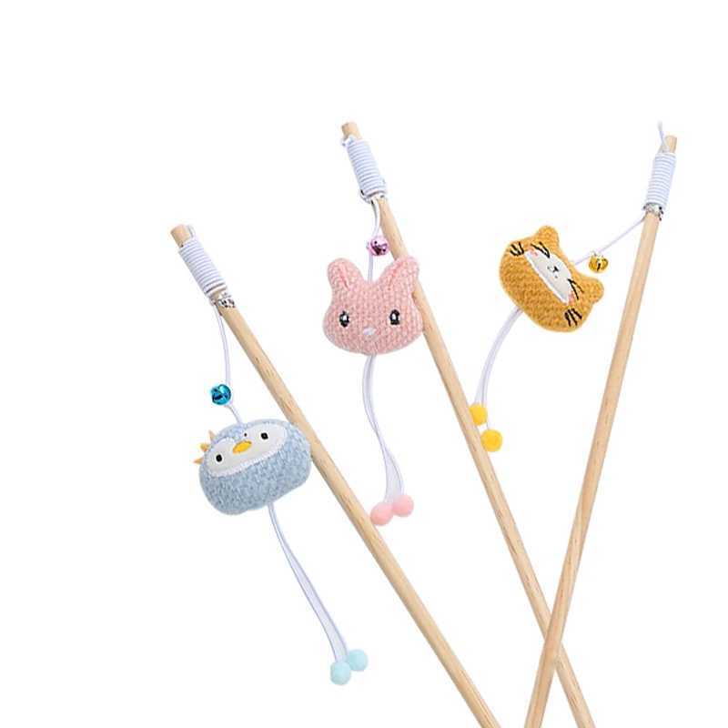 Cat toy wooden pole cute animal shape plump and adorable cat stick interactive and fun pet supplies with bells Y250412