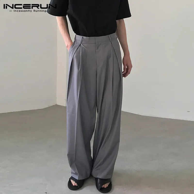 INCERUN Korean Style Mens Trousers Casual All-match Wide Leg Long Pants Fashionable Street Solid Simple Pantalons S-5XL 250409