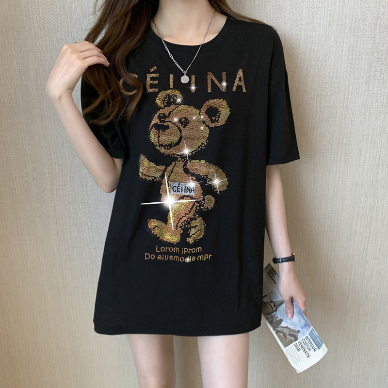 Designer Women's Hot Diamond T-shirt Summer Bear Pattern Black Women's Short Sleeve Combed Cotton Loose Medium To Long Version Instagram Fas