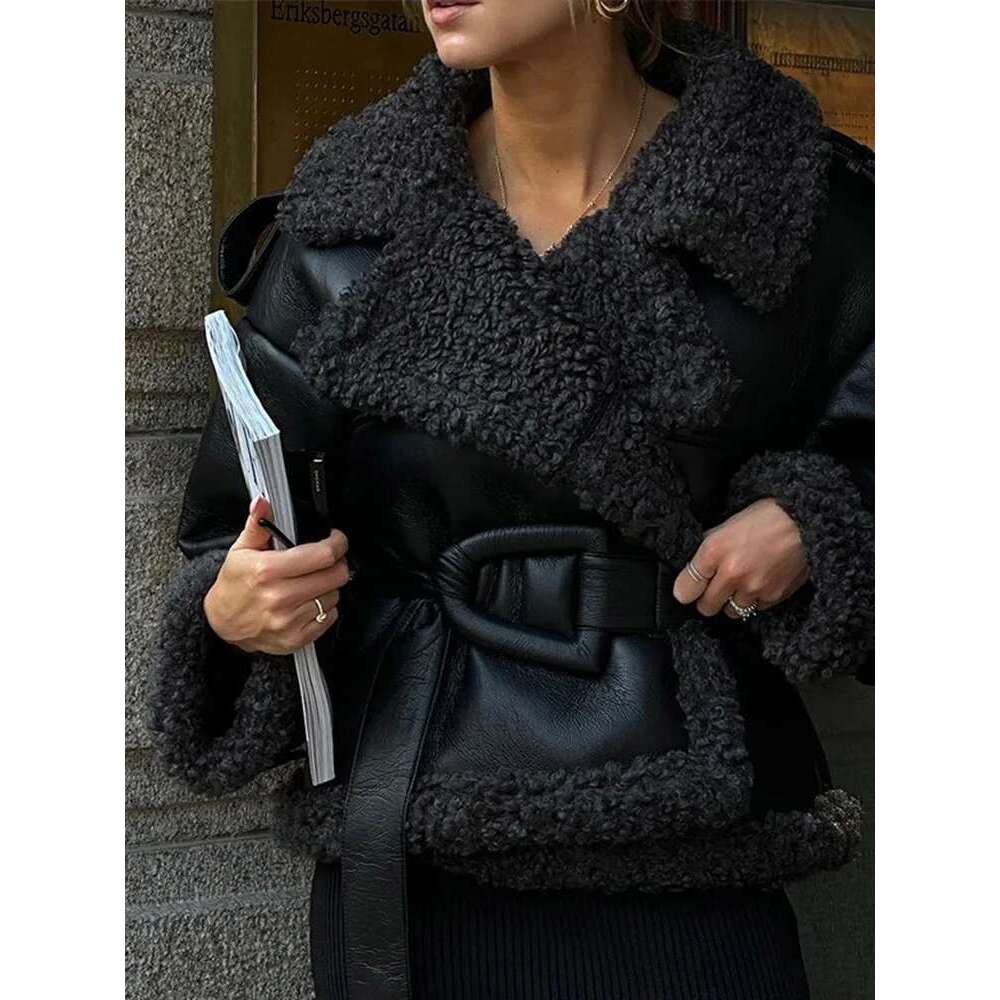 Vintage Patchwork Fur Leather Coats Women Lapel Lace Up Long Sleeve Thicken Warm Jacket 2025 Winter Lady New Streetwear Overcoat