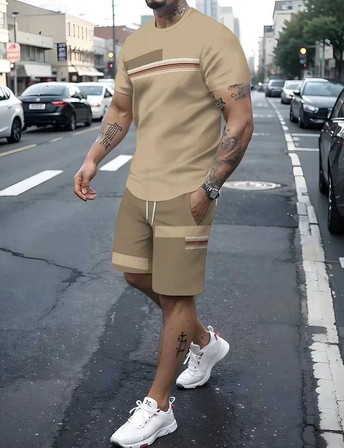Summer mens sportswear fitness fashion running set casual T-shirt+shorts set breathable jogging 2-piece set mens striped setXJ250412