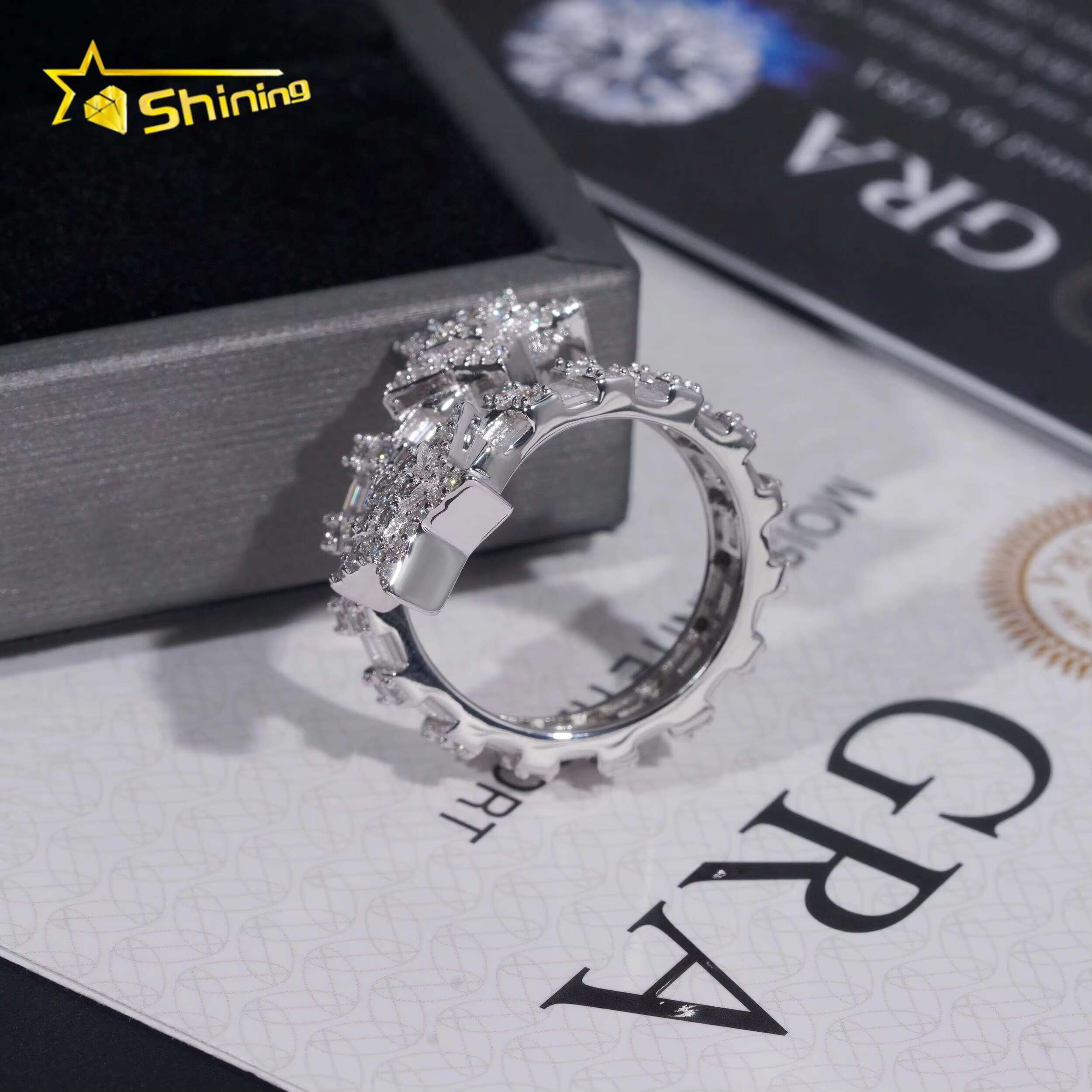 New Design 925 Sterling Silver Gold Plated Iced Out Baguette Moissnaite Pass Diamond Tester Star HipHop Rings