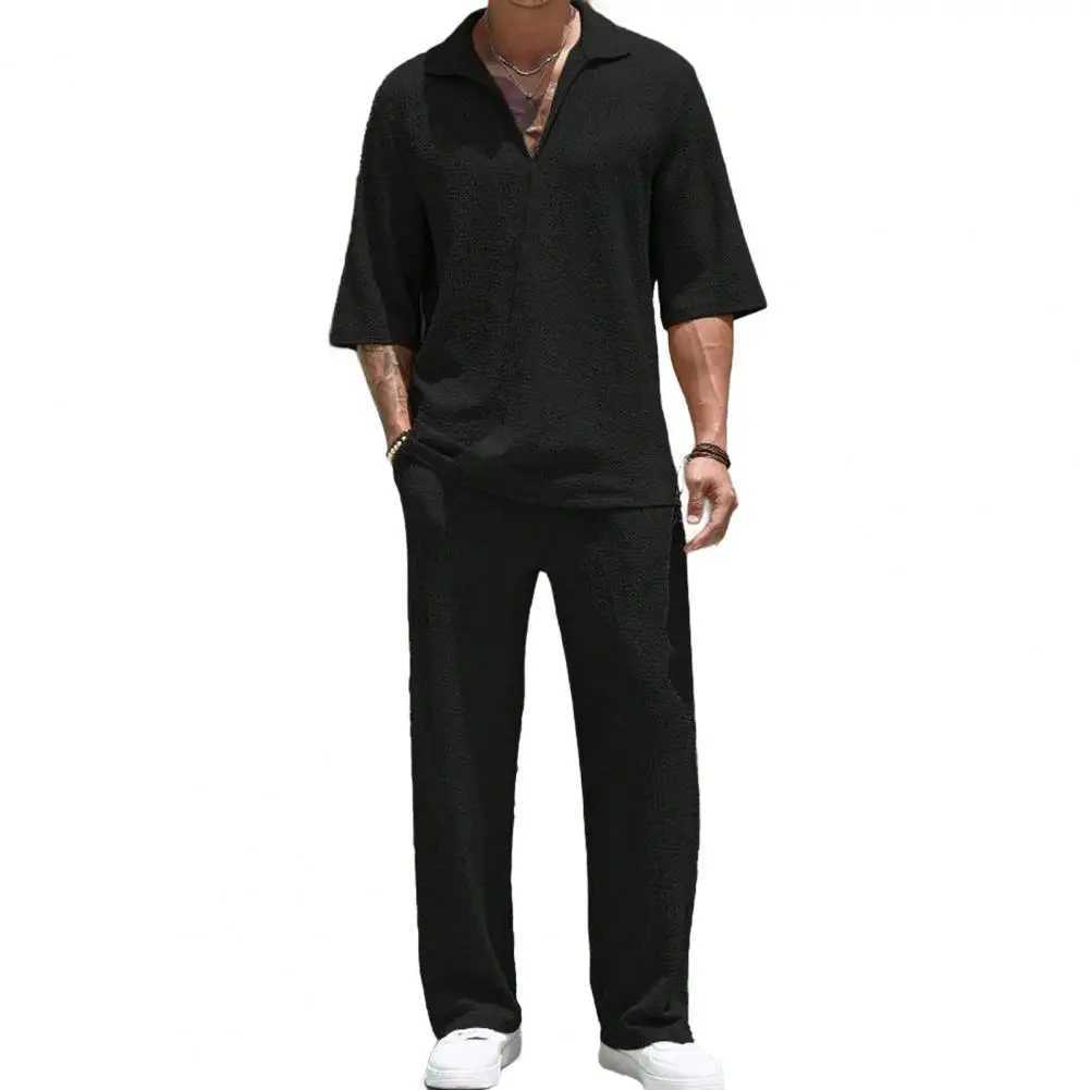 2-piece/set mens casual suit with collar long sleeved top elastic waist long pants set solid color commuting style setXJ250412