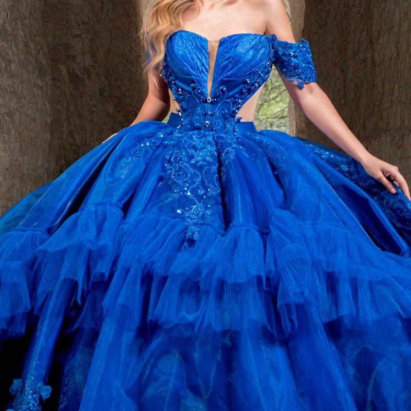 Royal Blue Shiny Princess Quinceanera Dresses Off Shoulder Beads Applique Lace Tiered Tull Sweet 16 Dress Ball Gown Vestidos 15 Anos