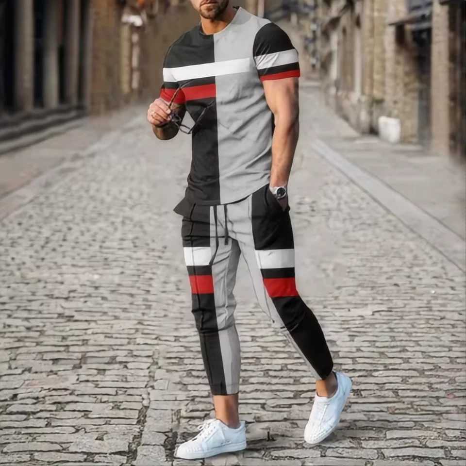 2024 Summer New Mens Sweatshirt 3D Printed Short SLeeve T-shirt Long Pants Street Wear 2-piece SetXJ250412