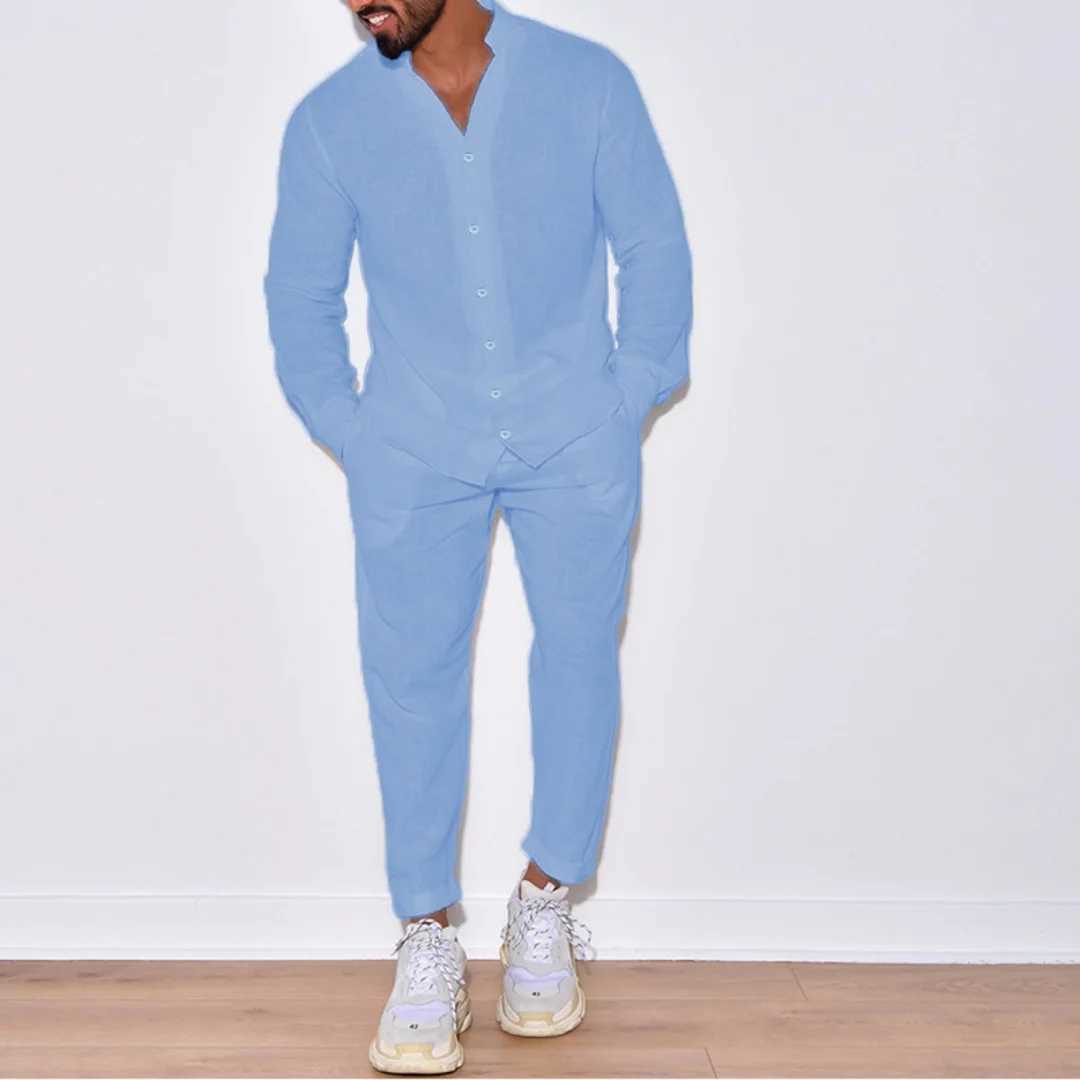 Autumn mens new fashion casual linen long sleeved full set single chest solid color button setXJ250412