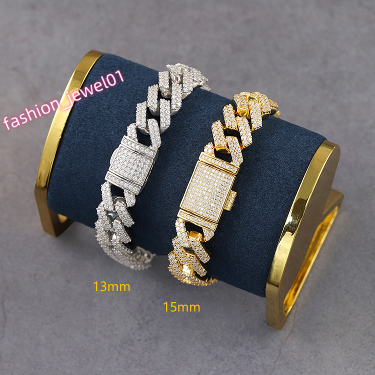 RTS Hip Hop Jewelry 925 Silver Cuban Bracelet for Men 2rows 13mm 15mm VVS Moissanite Diamond Cuban Link Bracelet