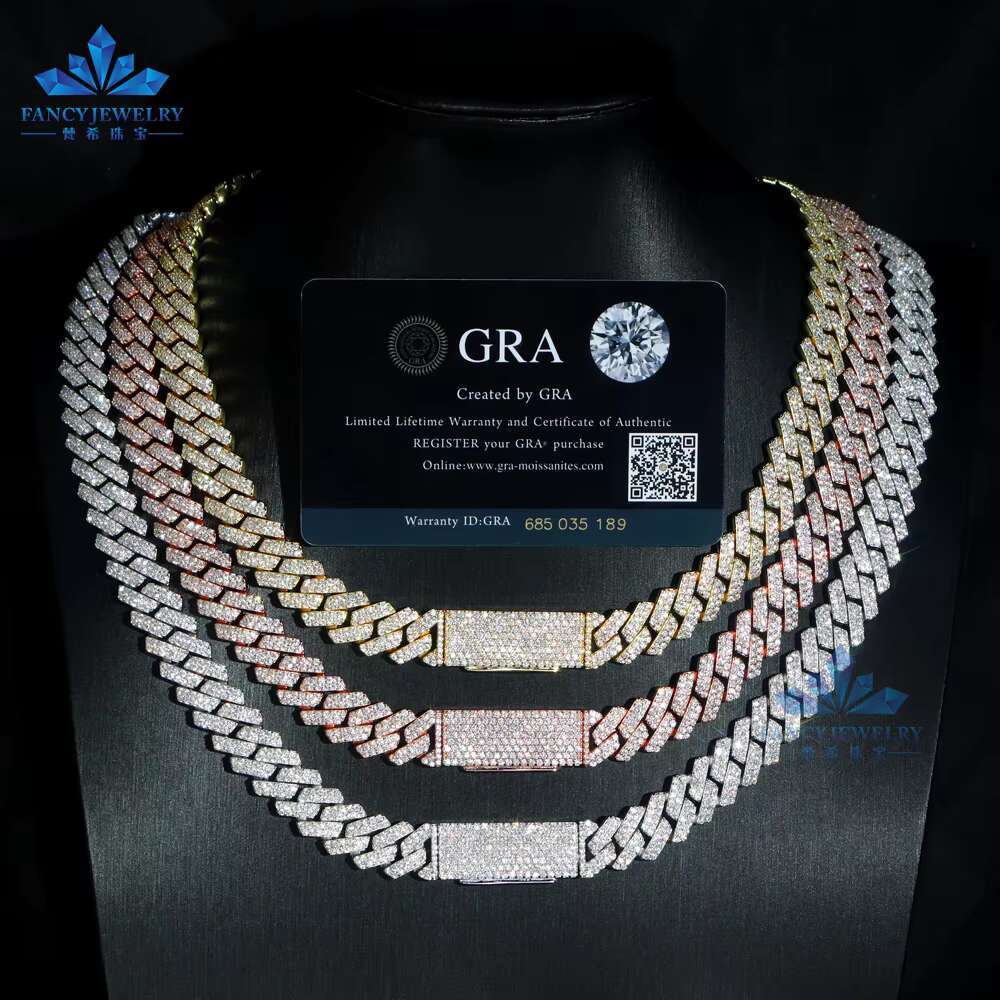 Trendy Factory Direct Sale 925 Silver Cuban Link Chain Necklace 8mm-15mm Sizes with Iced VVS Moissanite Diamond Hip Hop Gift