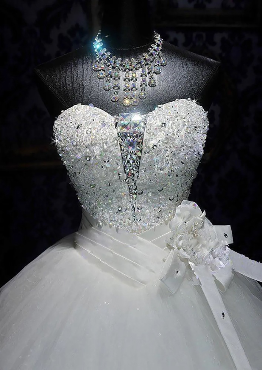 New High Quality Real Photo Bling Bling Crystal Wedding Dresses Back Bandage Tulle Appliques Floor-Length Ball Gown Wedding Gowns