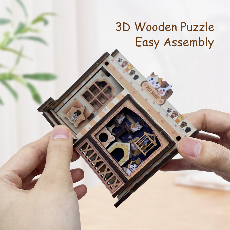 DIY Assembled Storefront Pen Holder Set, Including Pet Shop/Clothing Store/Flower Shop/Coffee Shop Models Creative Desktop Organizer for Stationery & 