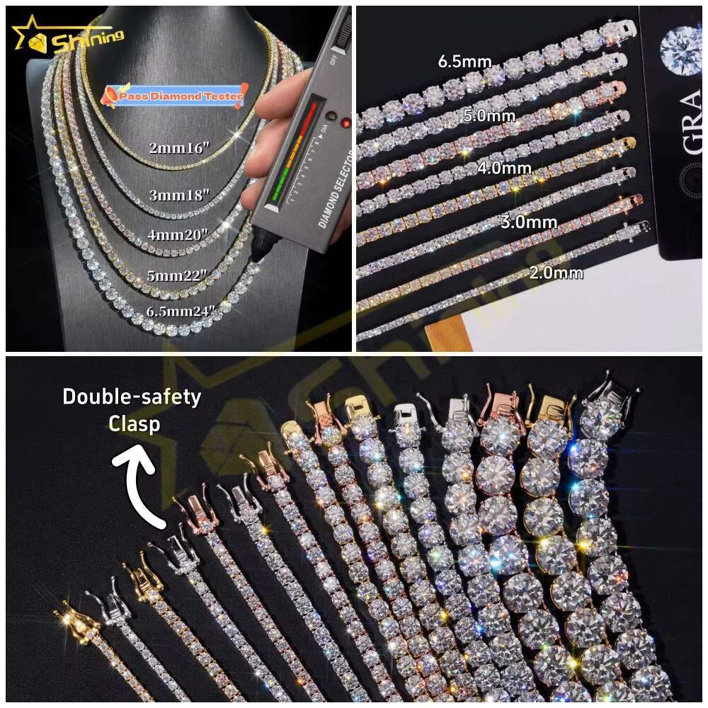 Pass Diamond Tester Large Stock Hip Hop Jewelry 2.0mm-6.5mm VVS Moissanite Diamond 925 Silver Iced Out Tennis Chain Necklaces