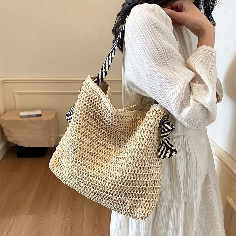 Boho Chic Large Woven Straw Bag Women Commuter Handbag Shoulder Perfect For Spring Outings, Beach Tote Bag,