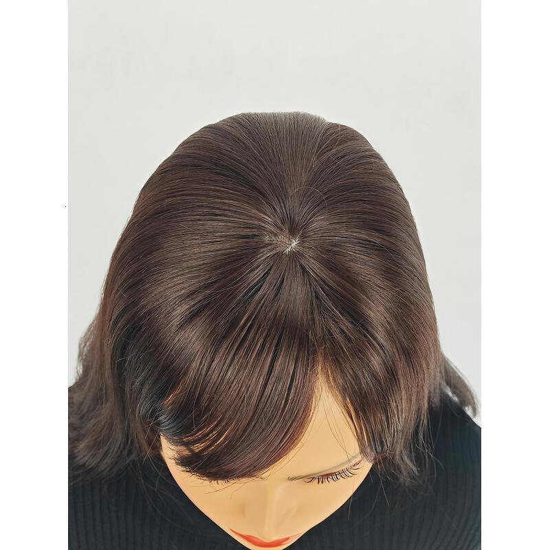 Shoulder-Length Layered With Bangs -14 Inch Peek-a-boo Color Black Mix Brown Mid-Length Wavy For en brown Women, Heat Resistant Synthetic Hair Replace