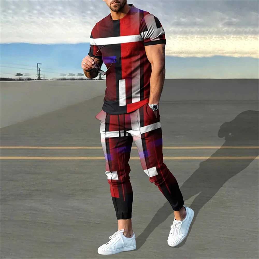 Mens sportswear set 2-piece short sleeved T-shirt+sweatpants set mens streetwear retro sportswearXJ250412