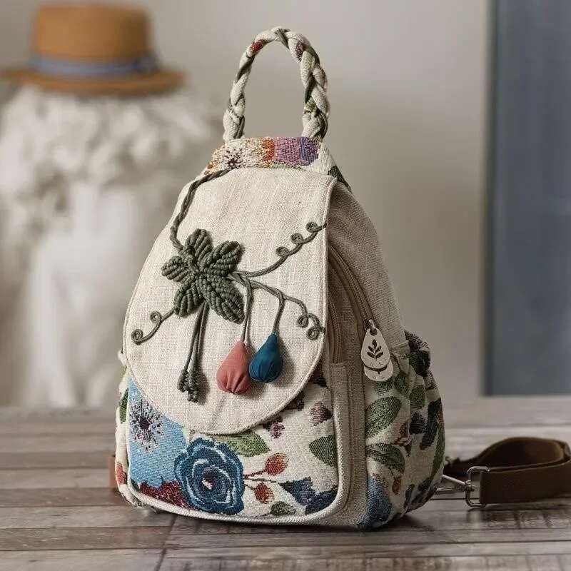 Ethnic Style Backpack Hand Woven Double Shoulder Multi Compartment Lightweight Canvas Commuting Multi-Functional Chest Bag 2024