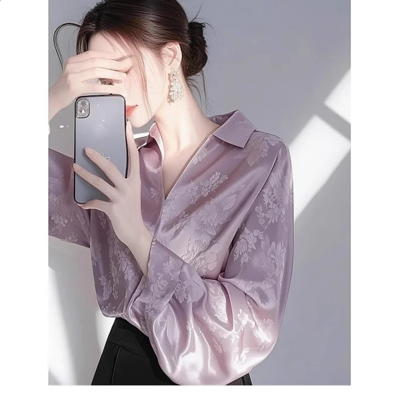 Womens Long Sleeve Shirt Purple Satin Jacquard Pullover Spring Autumn Loose Blouses Shirt Fashion Blouse Unique Beautiful 250411