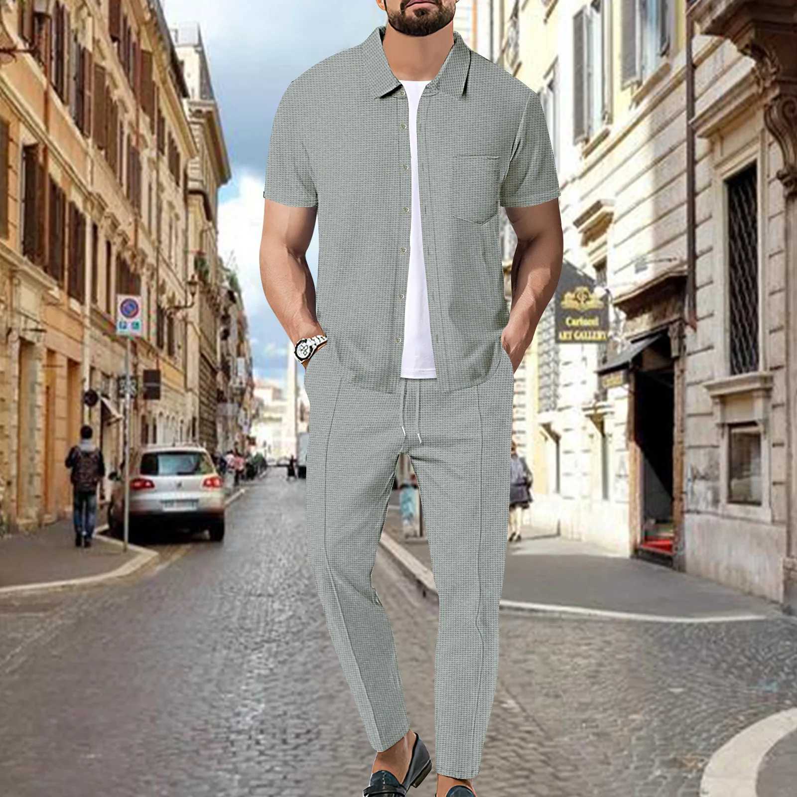 2025 Summer Mens Business Leisure Waffle Pocket Solid Color Short Sleeve Fashion Trend Collar Shirt Pants Two Piece SetXJ250412