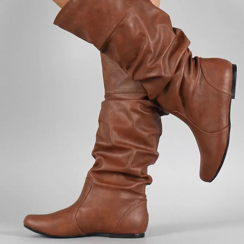 Women Flat Boots Fashion Pleated Leather Boots Autumn Spring Slip on Mid-Calf Shoes for Women Black Winter High Boots Large 250411