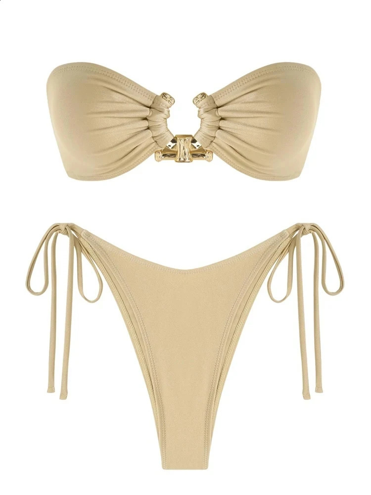 Womens Swimsuit Strapless Solid Bandeau Bikinis High Cut Tube Bikini Set Swimwear Push Up Tops Tie Side Bathing Suit Beachwear 250411