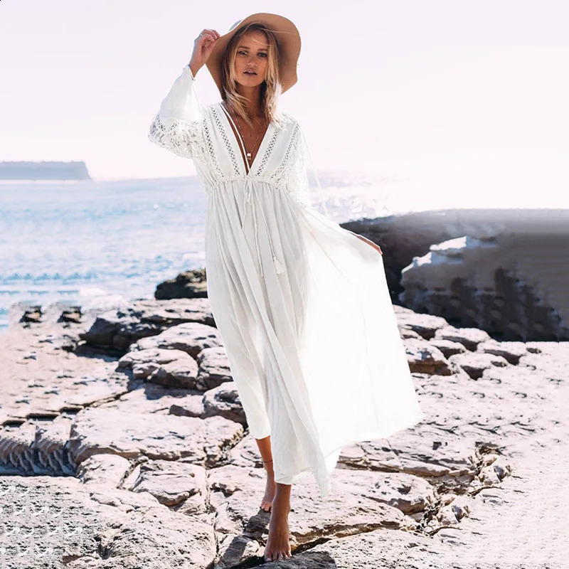 Sexy Hollow V Neck Women Summer Casual Kaftan Dresses Swimsuit Cover Up for Swimwear 250411