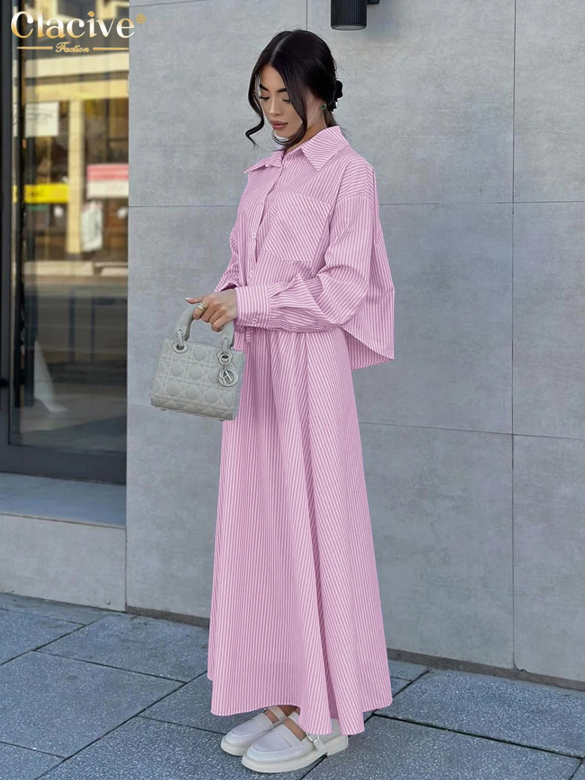 Clacive Fashion Pink Stripe 2 Piece Set Women Outfit Elegant Long Sleeve Shirt With High Waist Long Skirts Set Female Streetwear 250411