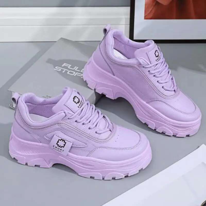2025 Summer New Leather Purple Thick soled Sports Shoes Thick Women's Designer Fashion Casual Walking Shoes Women's