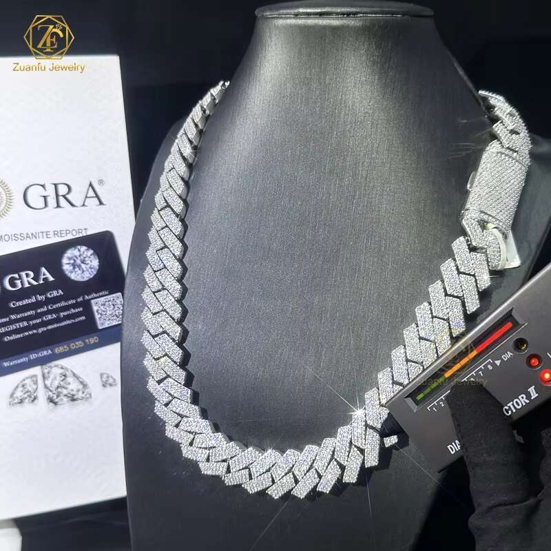 Cuban Link Necklace 18mm-20mm Wide with 3 Rows GRA D/VVS Moissanite for Men Silver Plated Cuban Iced Out Prong Cuban Link Chain