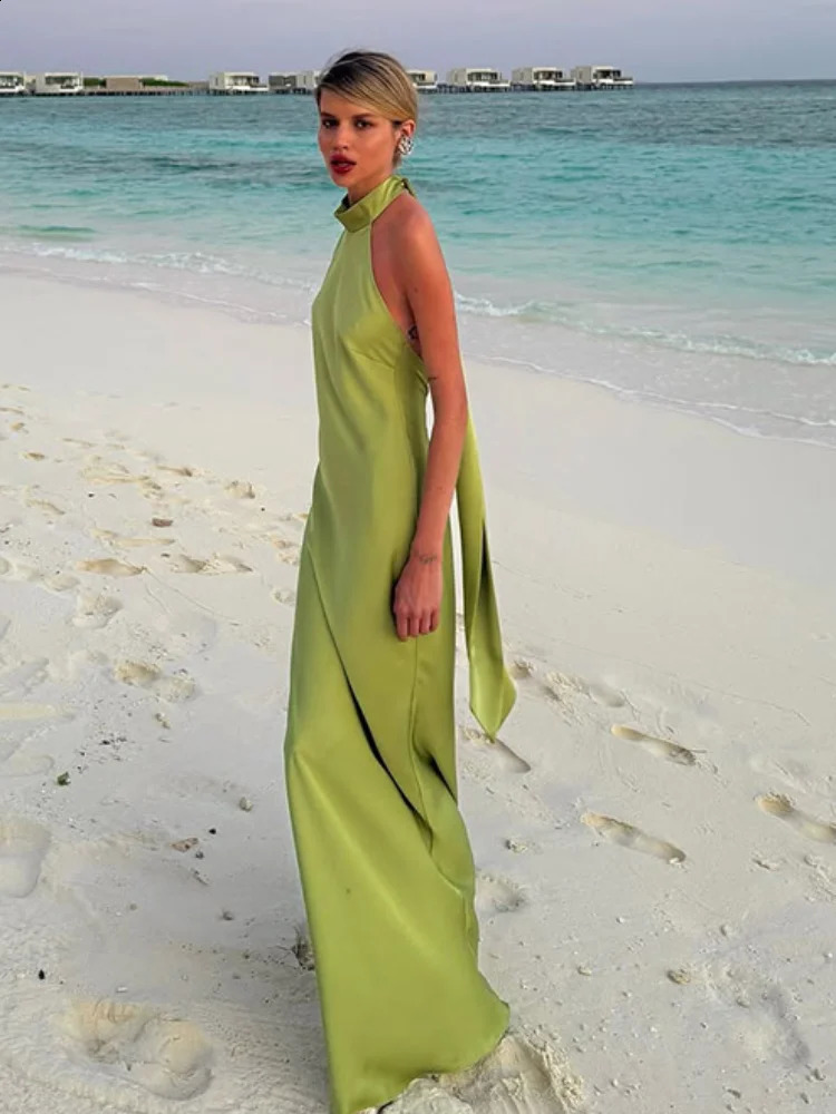 Elegant Green Satin Sleeveless Maxi Dress Chic Stand Neck Lace Up Backless Dresses Female Summer Vacation Beach Vestido 2025 250409