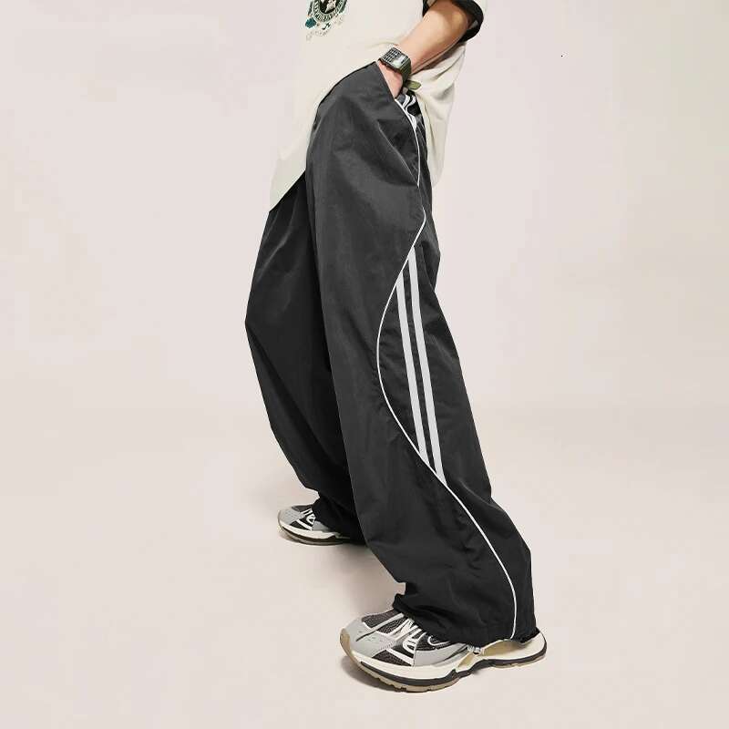 Striped Side Wide Leg Trousers Men Drawstring Waist Sportswear Track Pants