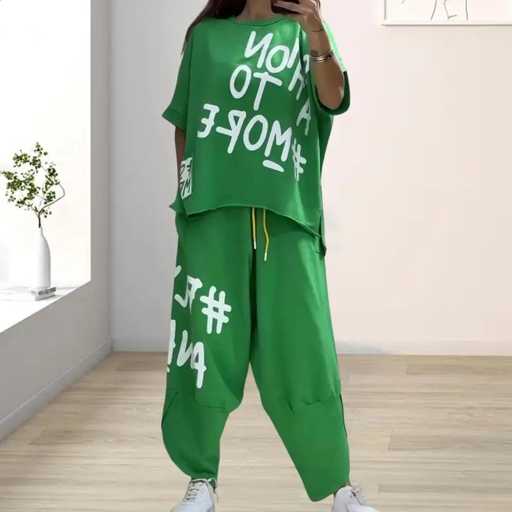 Summer Fashion Sporty Style Two Piece Set Women Casual Letter Print Tshirt Drawstring Sports Pants Two Piece Set Women 250411
