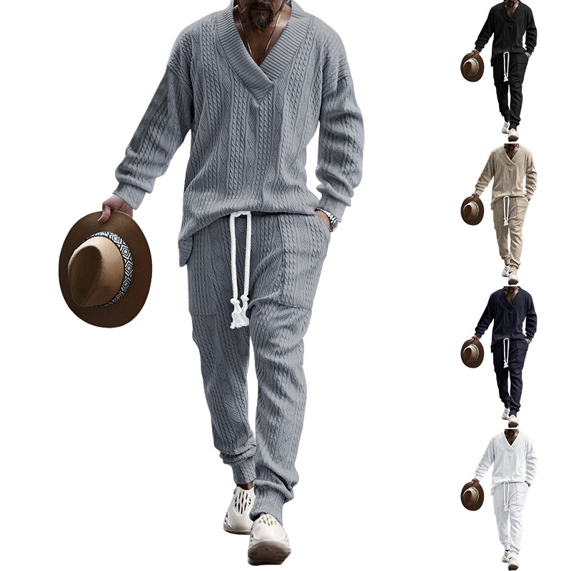 2025 Spring/Spring Men's Jacquard loose knit solid color leisure V-neck long-sleeved knit suit m099