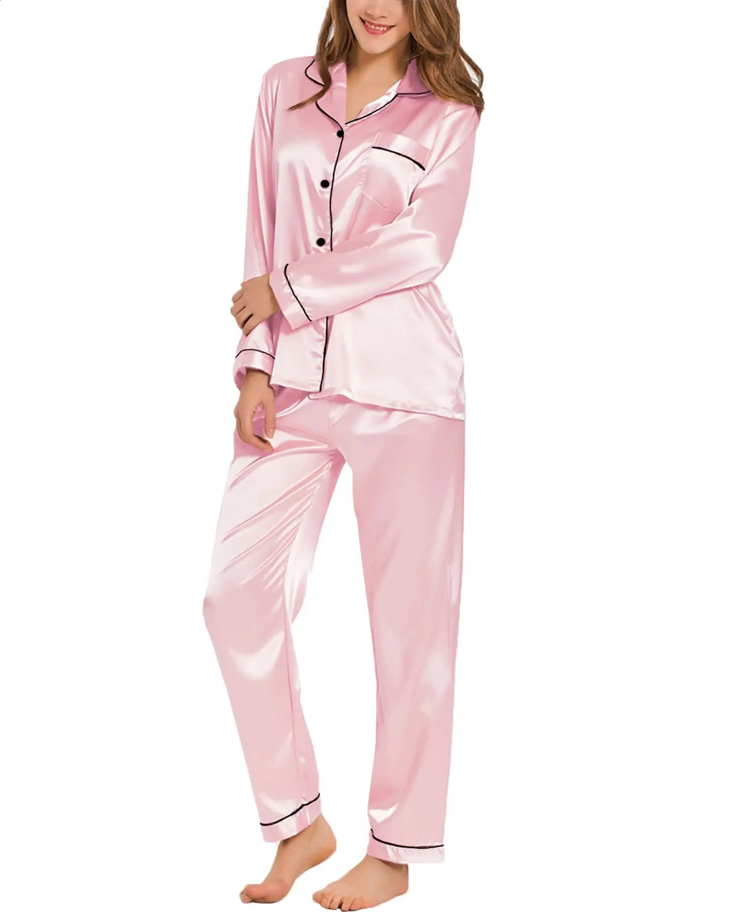 Womens Silk Satin Pajamas Loungewear Two-piece Sleepwear Button-Down Full Sleeve Long Pj Set 250411