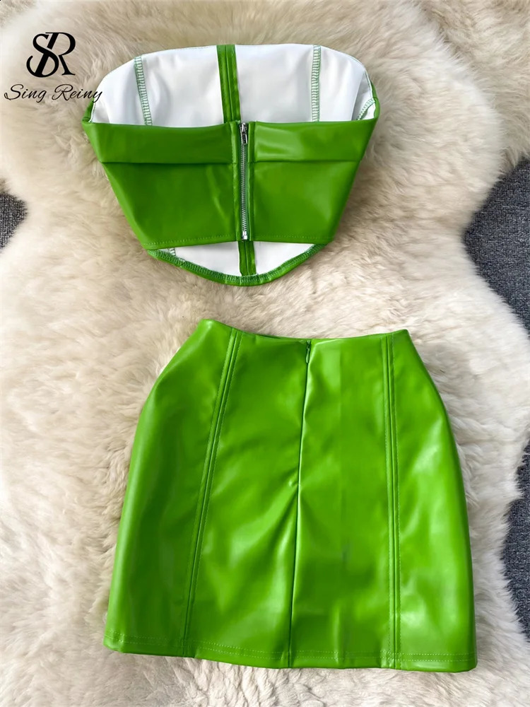 SINGREINY sweet Leather Suits for Women Strapless Mini Camis Zip Bodycon Skirt Slim High Street Fashion Sexy Two Pieces Suit 250411