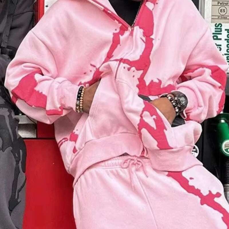 Foam Printing Hoodies Hip Hop Fashion Irregular Pattern Hoodie Pants Set Women Y2k Streetwear Skateboard Oversize Sweatshirt