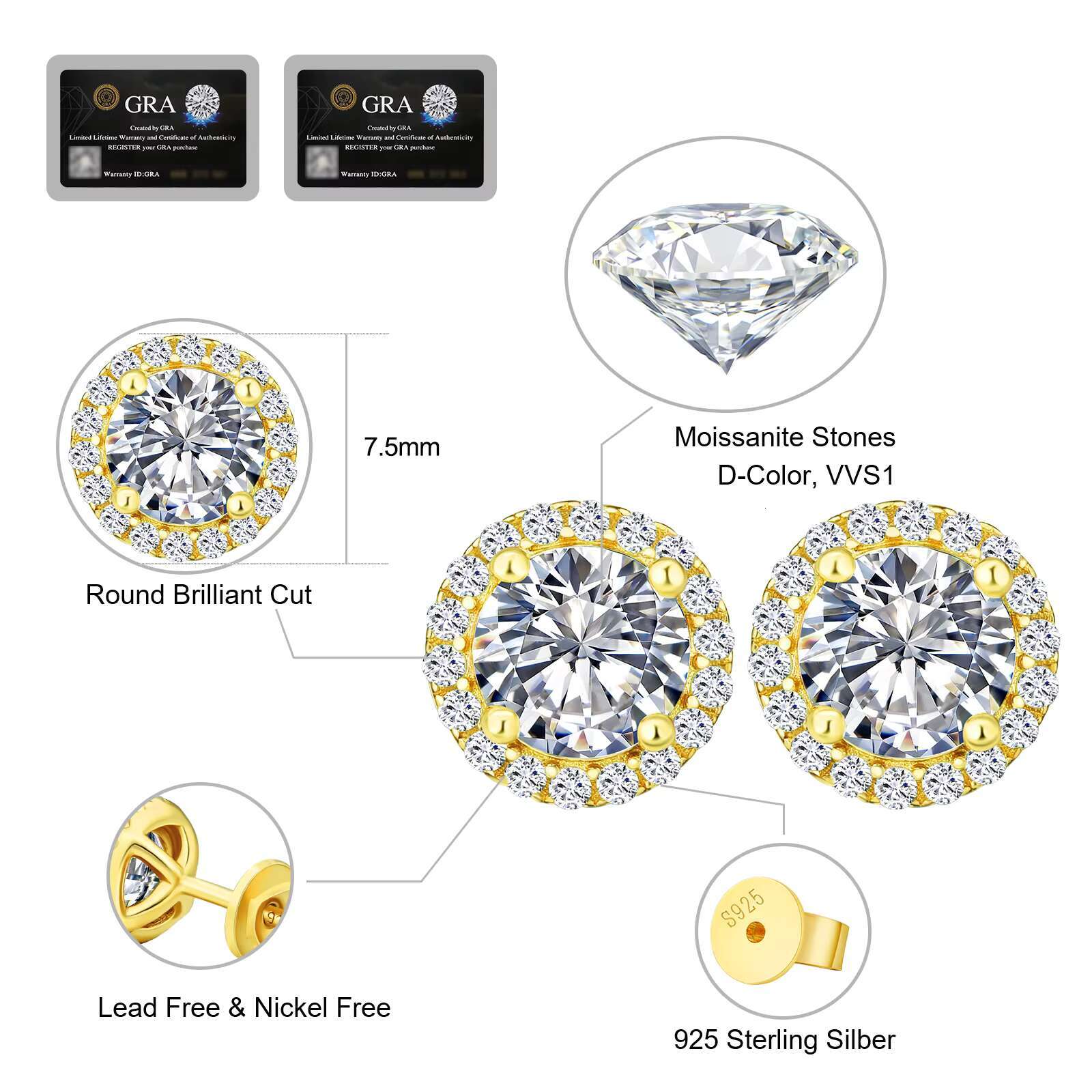 KRKC Luxury Silver Jewelry GRA Certification 1ct D Color VVS1 Moissanite 925 Sterling Silver Stud Earrings