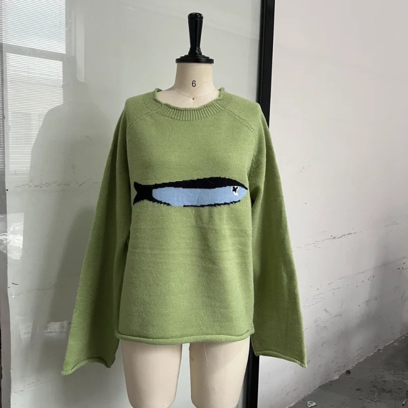 Cute Cartoon Fish Pattern Knitted Sweater Round Neck Soft Casual Trendy Retro Top 2025 Autumn Winter Women Interior Clothing 251112