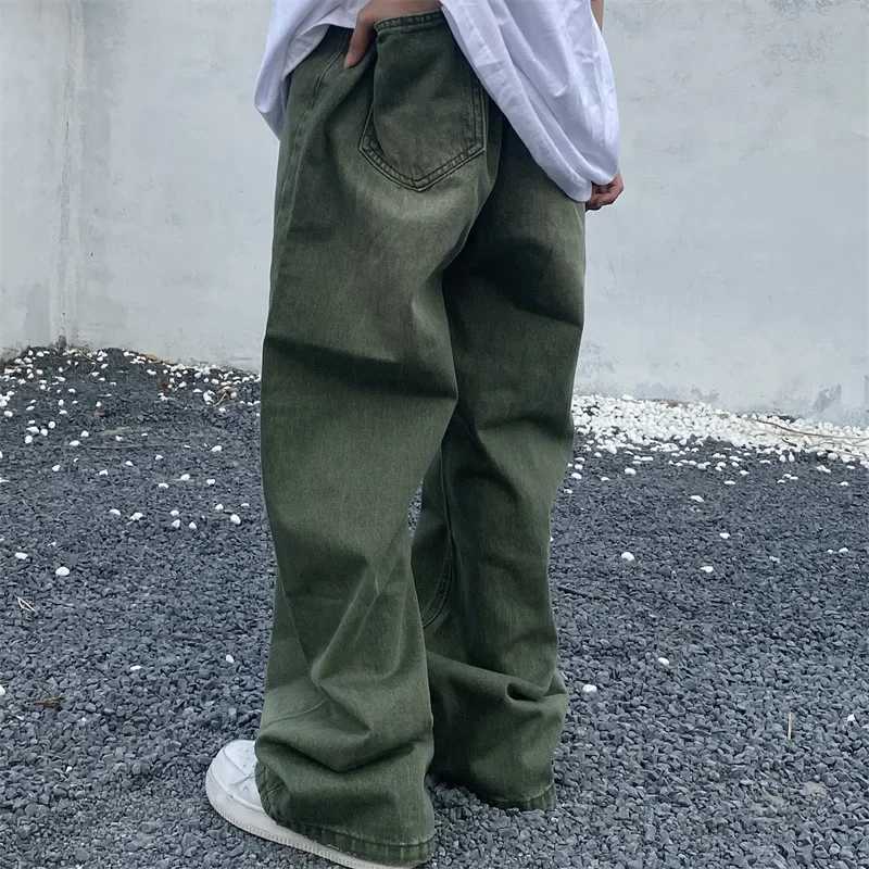 Green jeans loose retro denim mens wide leg pants mens streetwear retro oversized casual hip-hop W250412