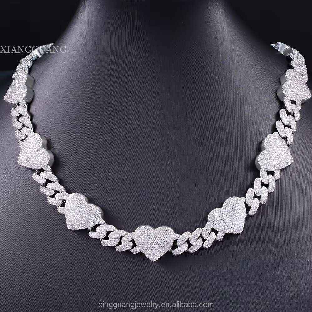 Cuban Chain Moissanite Diamonds 8MM 10MM 12MM Iced Out Hip Hop Heart Cuban Link Chain 925 Silver Plated 18K Gold Necklace