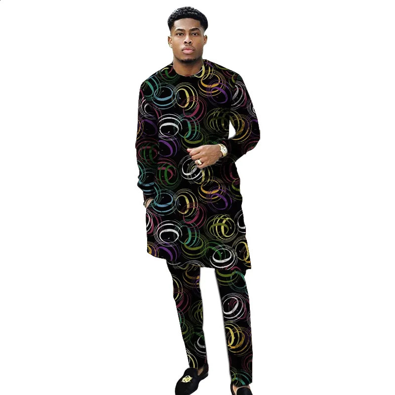 African clothing mens printed set with mens patches Ankara pants set custom wedding dress mens clothing 250411